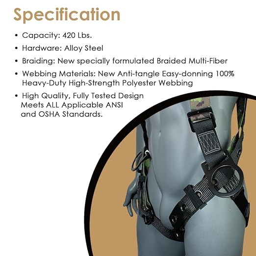 AFP Green Camouflage Universal Fall Protection Ergonomic Comfort Safety Harness, Soft Pressure-Relieving Perforated Breathable Padded Foam Shoulder, 3 D-Rings, Tongue Buckle, Mating Buckle