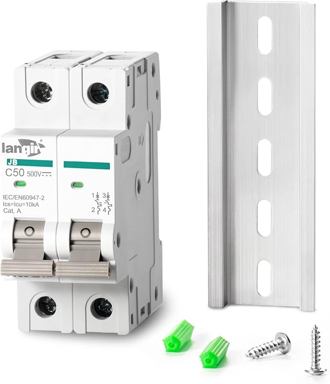 2P DC Circuit Breaker 50A 500V, DIN Rail Mount Solar Disconnect Switch for PV System, Battery, Inverter, RV & Home Electrical Panel