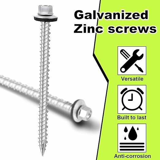 Tandefio Hex Head Metal Roofing Screws Galvanized Roof Self Starting Tapping Siding Sheet with Rubber Washer Seal for Wood Panels Summer(Zinc,500 Pcs,#10 x 3'')