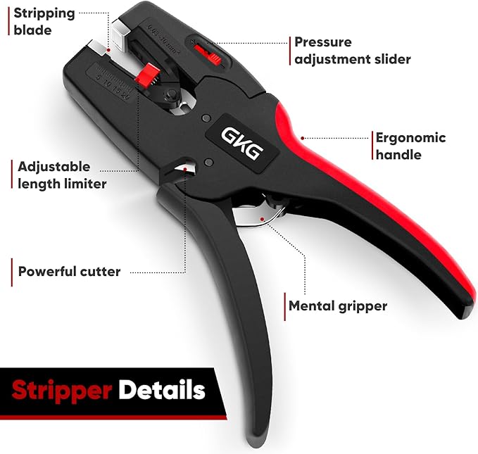GKG Automatic Wire Stripper with Wire Cutter, 2 in 1 Adjustable Electrical Cable Wire Stripping Tool for 7-32AWG (0.03mm²-10mm²), Self Adjusting Wire Stripper for Professionals and DIY Enthusiasts