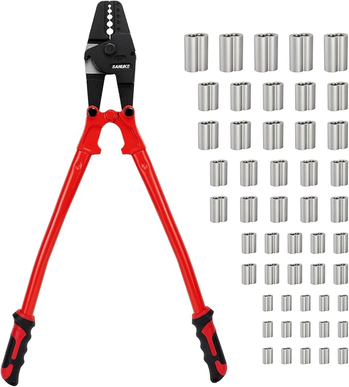 Sanuke 24 Inch Hand Swaging Tool, Wire Rope Crimping Tool 5 Cavity 1/16" 3/32" 1/8" 5/32" 3/16", Crimping and Cutting Combo Cable Crimper, Hand Swager with 50pcs Aluminum Stop Sleeves Oval Sleeves