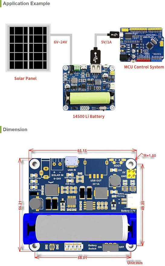 Waveshare Solar Power Management Module, Solar Charge Controller USB, for 6V~24V Solar Panel Multi Protection Circuits Suited for Low-Power IoT and Other Environmental Protection Projects