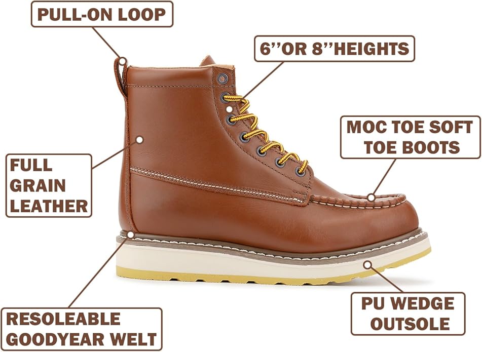 Men's SureTrack 6" & 8'' Leather Soft Toe Work Boot for Men, Welt Construction, Oil/Slip Resistant, Wedge Sole, Moc Toe Men's Work Boots, EH, 84994 & 86994