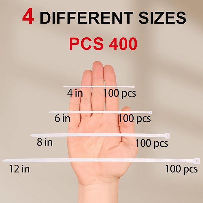 Zip Ties, White Zip Ties Assorted Sizes 4+6+8+12 Inch, 400 Pack, White Cable Ties, Zipties Clear, UV Resistant Wire Ties, Plastic Ties, Clear Zip Tie, SiKuLin