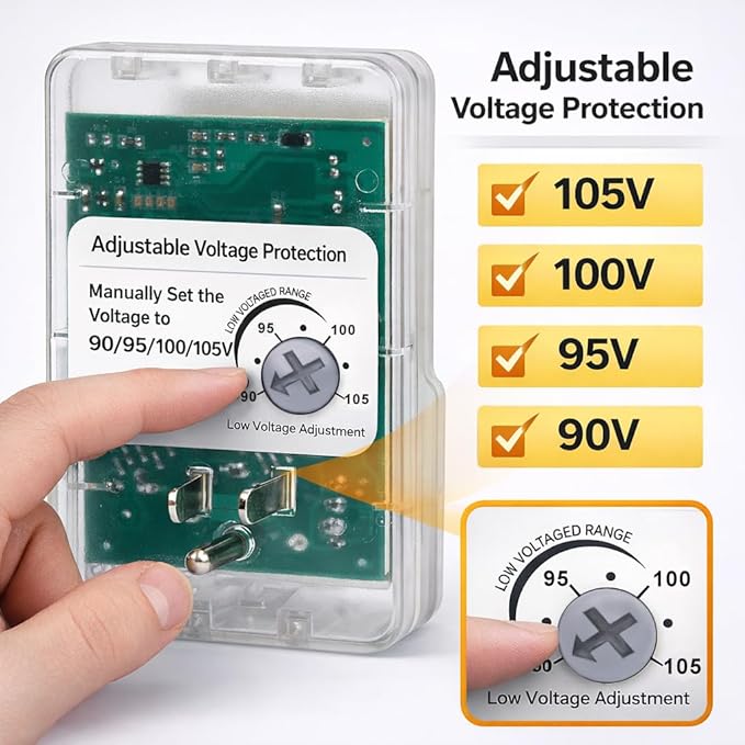 Electronic Home Appliance Voltage Protector, Single Outlet Surge Protector for Refrigerator, TV, AC, Washing Machine, Game Console,110V 120V 127V Brownout Protector, 4-Level Adjustable 90-140V