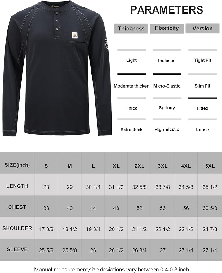 FR Shirts for Men Light Weight Flame Resistant Henley Shirts Long Sleeve Shirts HRC2/CAT2 6.5oz 100% Cotton