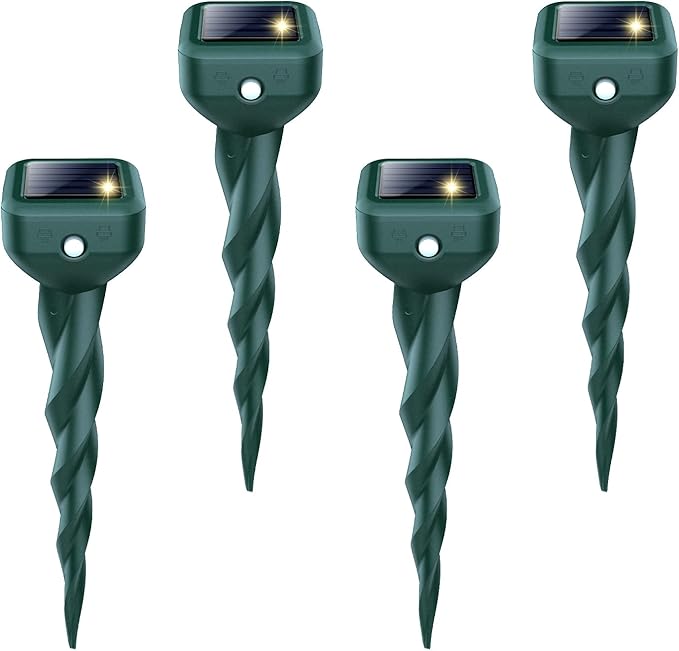 Mole Repellent Solar Powered, 4 Pack Snake & Rabbit Repellent for Yard, IP 65 Waterproof Ultrasonic Deterrent Stakes, Get Rid for Armadillo, Gopher, Vole, Chipmunk, Deer, Groundhog for Lawns Garden