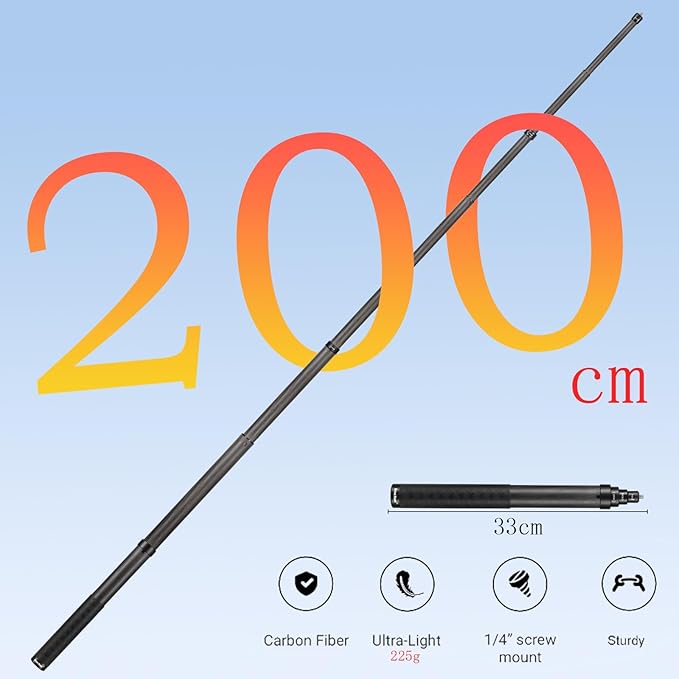 33cm Extended to 2m Long True Carbon Fiber Super Long Extend Invisible Selfie Stick for insta360 X5 x4 Insta 360 X5 x4 x3 x2 x one r rs for DJI OSMO 360 Camera Accessories (Black)
