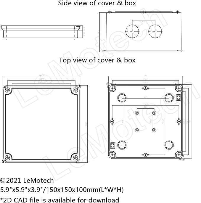 LeMotech Junction Box, ABS Plastic IP65 Waterproof and Dustproof, Universal Electrical Enclosure, Outdoor and Indoor Project Box 5.9X 5.9X 3.9 inch (150 x 150 x 100 mm)