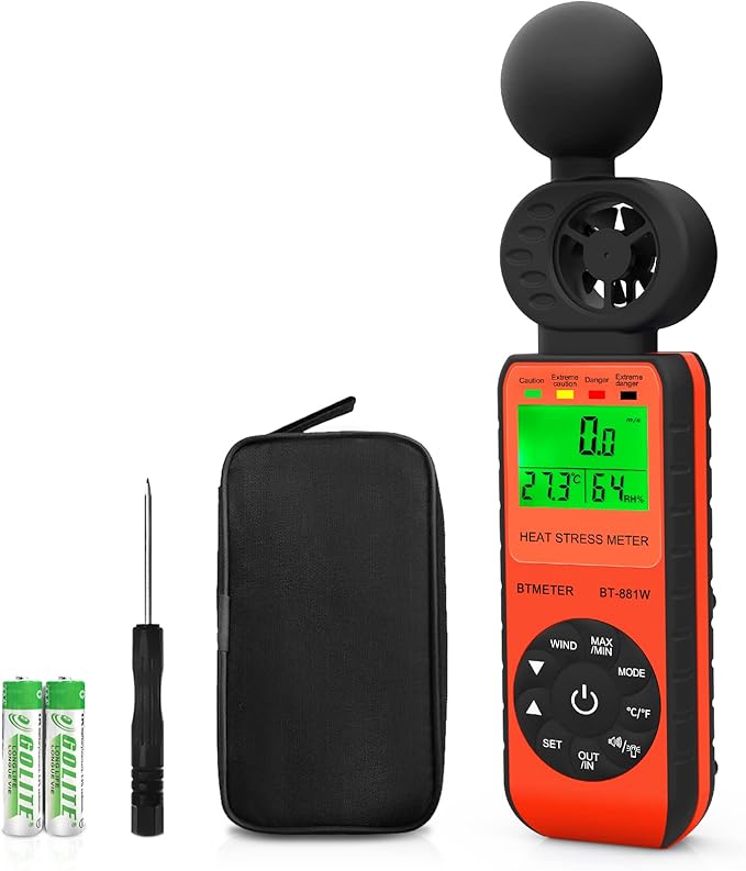BTMETER BT-881W Heat Stress Meter Anemometer, Digital Indoor/Outdoor WBGT (Wet Bulb Globe Temperature) Meter with Wind Speed, Ambient Temp, Humidity Tester