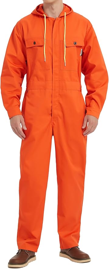 Mens Cotton Blend Long Sleeve Coverall Multi Pockets Zip Overall Mechanic Work Jumpsuit with Hood
