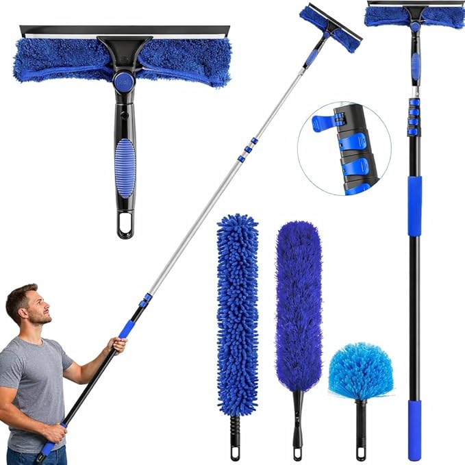 26ft High Reach Duster Kit, Aluminum 5-20ft Fan & Window Cleaner Set, Versatile Dusting Set with 5 Replaceable Heads for Cleaning Fans, Windows, and Hard-to-Reach Areas Outdoors Without Ladder