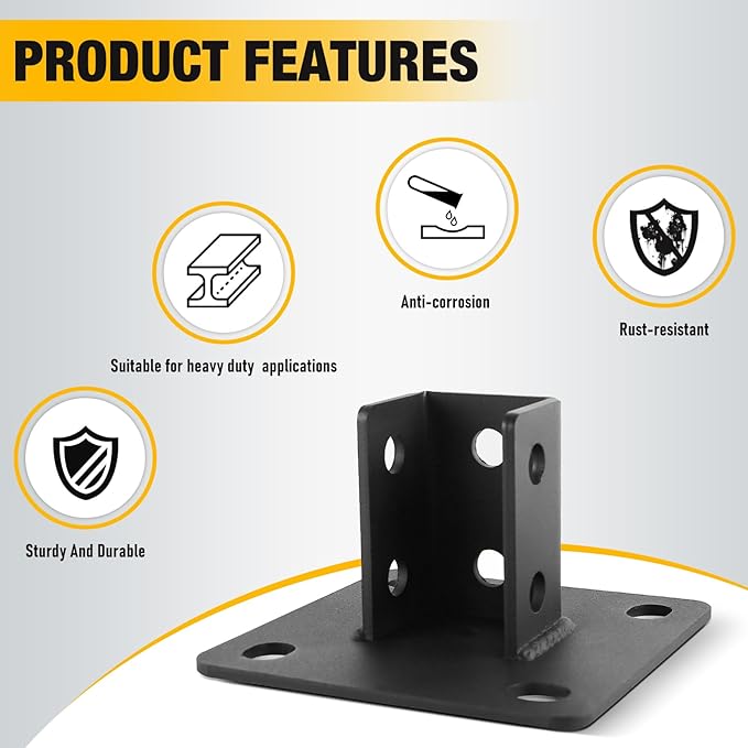 4 PCS Heavy Duty Channel Post Base for 1-5/8” Strut Channel with 4 Mounting Holes,Carbon Steel Q235B Black Powder-Coated Heavy-Duty Support ,Side Orientation