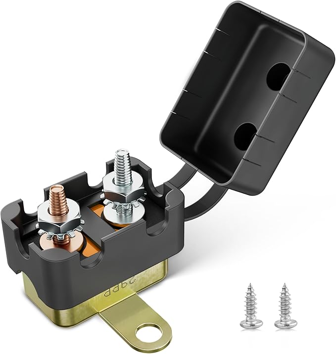 RED WOLF (40A 1PCS) DC 6V-50V Automatic Reset Circuit Breaker #10-32 Studs with Metal Fuse Housing Pre-Trimmed Cover Reusable for Trolling Motor Marine ATV Boat RV Automotive Battery Solar System