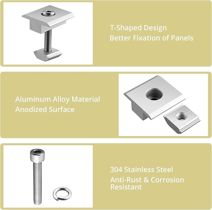 Anbte 10pcs Solar Panels Centre Clamps, Aluminium T-Shaped Mid Clamps 35mm Solar Panel Mounting Brackets Solar Mounting Rail Connector for Tin Roof, Flat Roof, Sheet Roof, Slvier