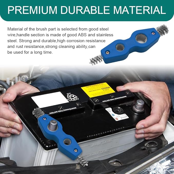 4 in 1 Car Battery Cleaning Brush, Battery Terminal Cleaner, Anti-Rust Car Terminals Machine Parts Cleaning Tool with Steel Wire, Auto Post Cleaner Brush Tool Fit for Vehicle & Marine (Blue)