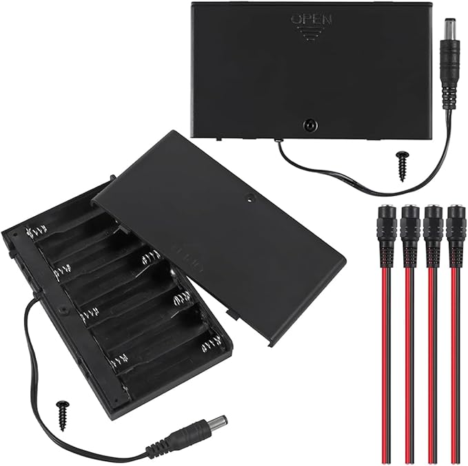 2Pcs 8 AA 12V Battery Holder with Cover (Batteries are Not Included), with 2.1mm x 5.5mm DC Plug Switch,ON/Off Switch, Screw,Female DC Power Pigtail Cable Plug,for Arduino RC LED Strip