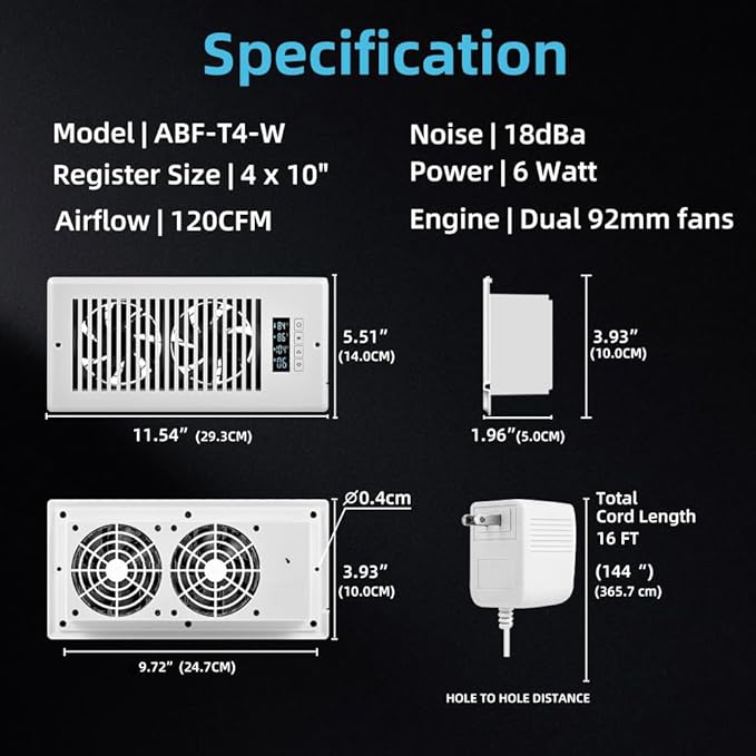 Smart Register Booster Fan 4” x 10” with Thermostat Control Intelligent Heating Cooling Trigger, 10 Fan Speed Adjustable AC Air Vent Fan Booster for Room Wall Floor White