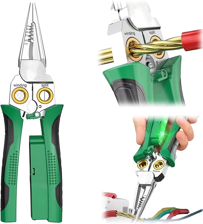 GADO Pro 8-in-1 Wire Stripper/Cutter with Voltage Tester & Dual Alarms - Heavy Duty 12-250V AC/DC Electrical Tester for Hot/Neutral Wires - Electrician, HVAC, Car Repair Tool (Green)