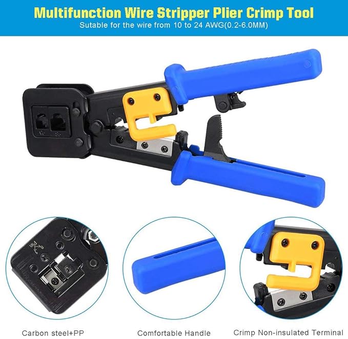 RJ45 Crimping Tool Ethernet Crimper for Cat6 Cat5 Cat5e RJ45 Pass Through Connectors and RJ12 Ends Comes with 20PCS RJ45 Cat6 Connectors and Replacement Blades