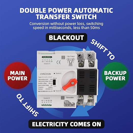 Automatic Transfer Switch ATS 2P 100A 230V Dual Power Electrical Selector Switch Din Rail Type Millisecond Switching