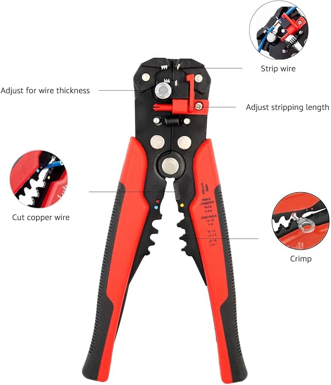 Amazon Basics Self-Adjusting Wire Stripper and Crimping Tool, Strips 10-24 AWG, Black/Red