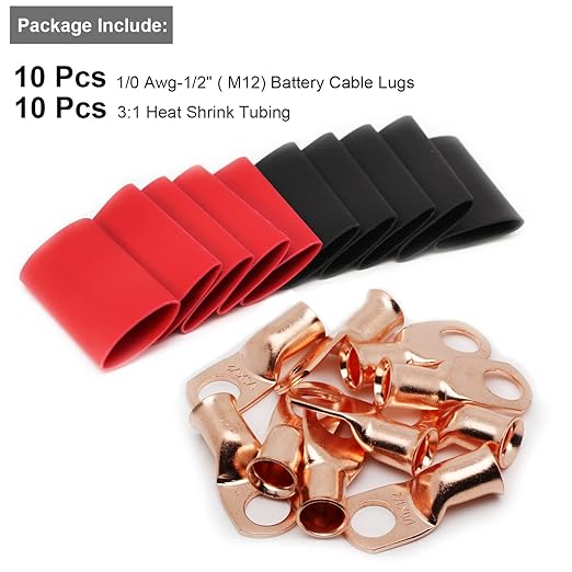 TKDMR 10pcs 1/0 AWG-1/2 Battery Lugs,Heavy Duty Wire Lugs,Ring Terminals,Battery Cable Ends,0 Guage terminals,Battery Terminal Connectors with 10pcs 3:1 Heat Shrink Tubing