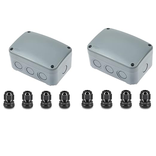 NineLeaf Outdoor Junction Box IP66 Waterproof Electrical Enclosure 4.9"x3.3"x2.3", PVC/ABS Project Box with 4PK 20mm Cable Glands, Weatherproof Grey Case for Outdoor Wire Connections, 2 Set