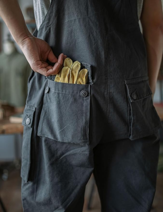 Rexcyril Men's Baggy Bib Overall Loose Fit Canvas Coveralls Workwear Dungarees Jumpsuit with Cargo Pockets
