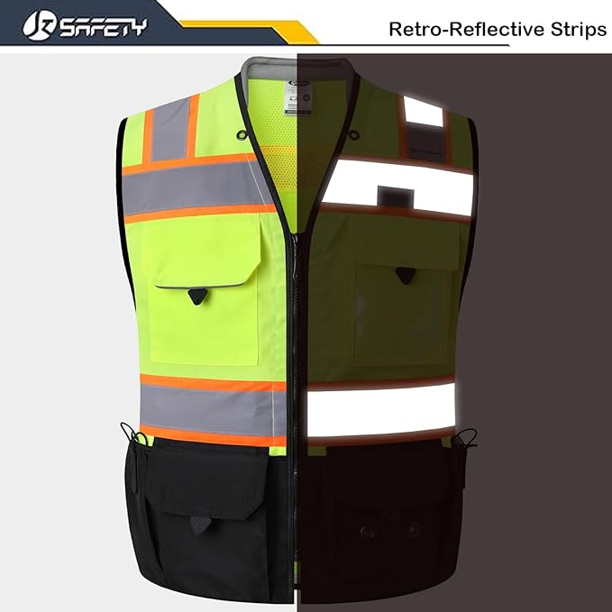JKSafety Hi-Vis Unisex Surveyor Safety Vest Heavy Duty PPE Inner Pockets ANSI/ISEA Compliant