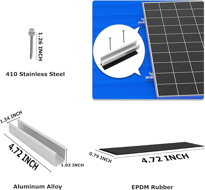 Solar Panel Mounting Brackets, Roof Mount Kit, Rails and Clamps Included for Thickness 1.18”-1.38”, 4pcs in A Row Assembly on Tin, Flat and Sheet Rooftop, Aluminum Alloy