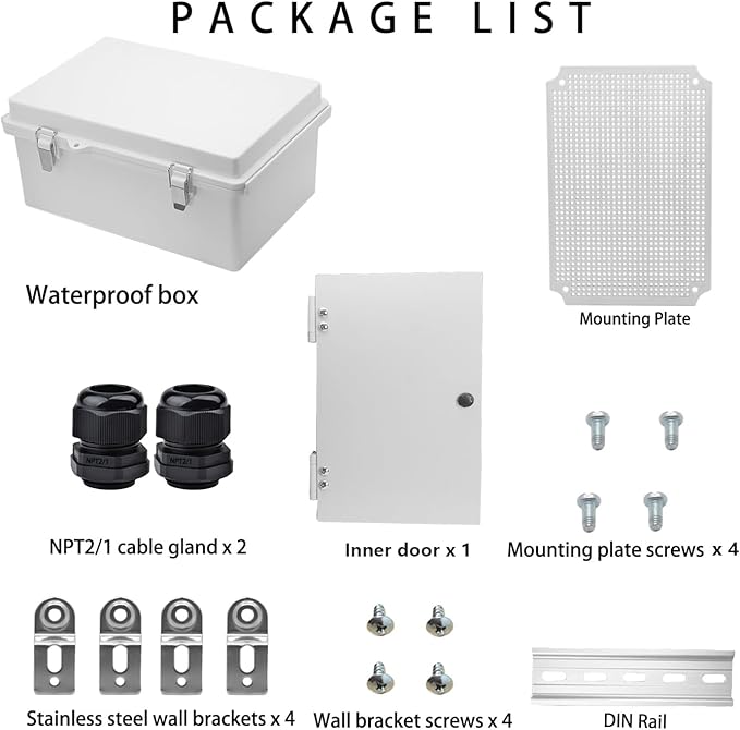 Waterproof Outdoor Electrical Box Junction Box Weatherproof IP67 ABS Plastic Enclosure Switch Router Project Box with Mounting Plate with Wall Bracket 2 Cable Glands Grey 11.4" x 7.5" x 5.5"