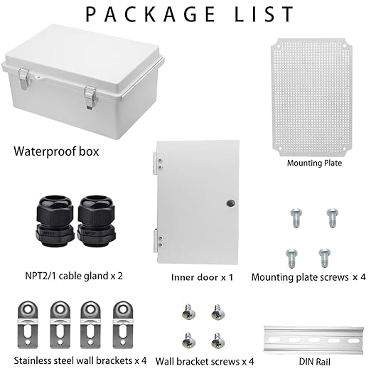 Waterproof Electrical Box with Mounting Plate, IP67 Junction Box Stainless Steel Latch Hinged Grey Cover Project Enclosure with Inner Door,Wall Bracket and 2 Glands 11.4" x 7.5" x 5.5"