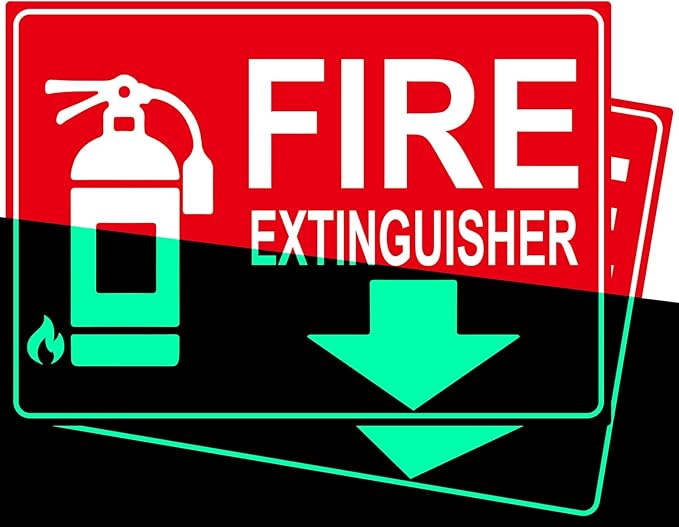 Fire Extinguisher Sign Sticker, Glow in the Dark Fire Extinguisher Signs with Arrow, 10×7 Inch 2 Pack Luminous Vinyl Safety Labels Soslina, Waterproof Indoor Outdoor for Home Office Warehouse
