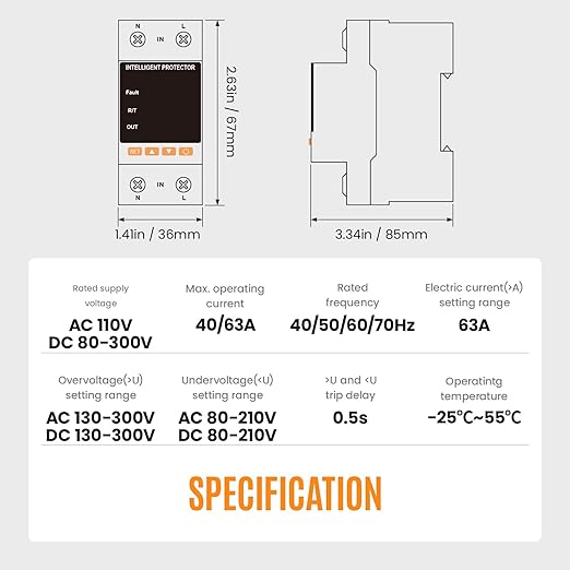 Adjustable Voltage Protector 110/230VAC 2P 63A Adjustable Smart Breaker Voltage Protector Current Limit Quick Disconnect Overvoltage Undervoltage Time-delay Protection Automatic Reset