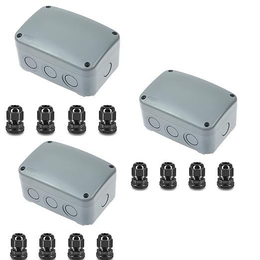 Outdoor Junction Box, Nineleaf IP66 3 Set Weatherproof Electrical Boxes with 20mm Cable Gland Kit, PVC/ABS Plastic Enclosure Box Universal Watertight 4.9 x 3.3 x 2.3 inch (125x86x62mm)