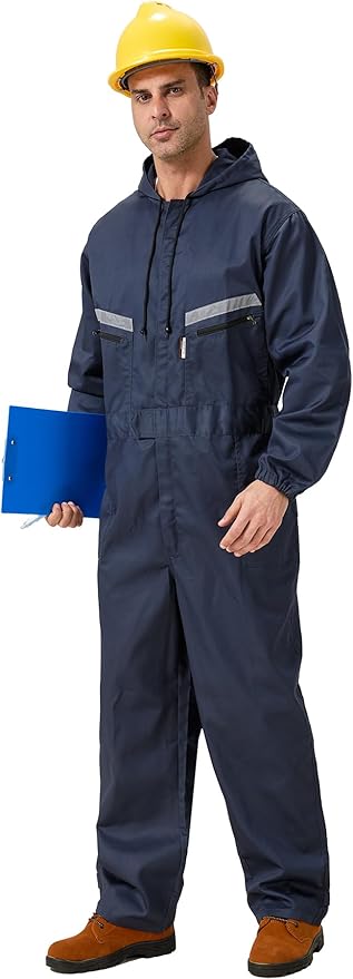 Mens Work Coveralls Mechanic Hooded Overall Workwear Jumpsuits Long Sleeve Hi Viz Coverall with Zippers
