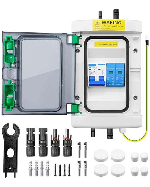 40A DC Solar Disconnect Switch – IP65 PV Circuit Breaker Box, 500V PV Disconnect Switch with Surge Protector & Solar Panel Connectors (Plug-and-Play)