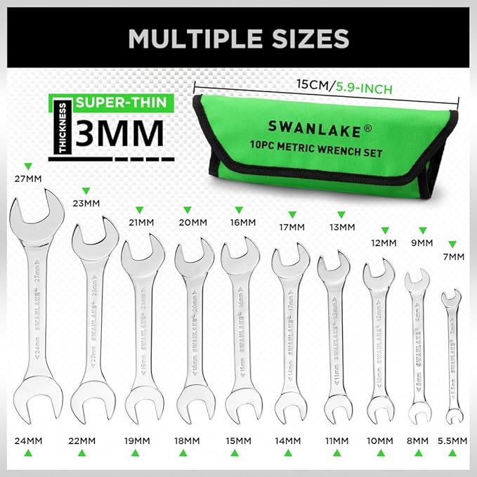 SWANLAKE 10-Piece Metric Super-Thin Open End Wrench Set, Carbon Steel, 5.5, 7, 8, 9, 10, 11, 12, 13, 14, 15, 16, 17, 18, 19, 20, 21, 22, 23, 24, 27mm, Slim Spanner Set with Rolling Pouch
