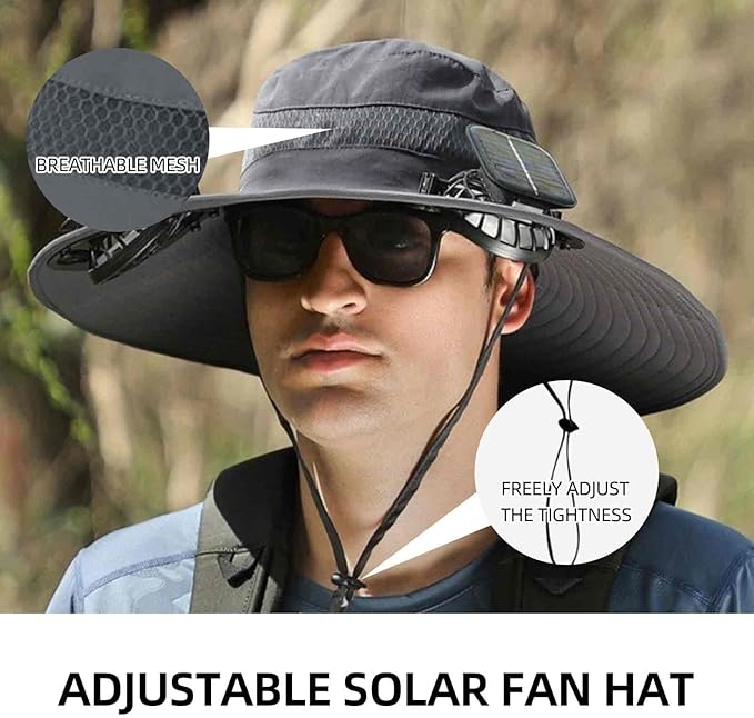 Wide Brim Sun Hats with 2 Solar Fan Outdoor Fishing Hat for Men Solar Powered Fan Hat Adjsutable 180°Rotating Cooling UPF 50+
