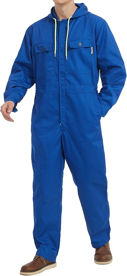 Mens Cotton Blend Long Sleeve Coverall Multi Pockets Zip Overall Mechanic Work Jumpsuit with Hood