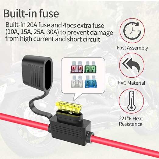 SAE Battery Connector, 10AWG SAE to O Ring Terminal Harness 2-Pin Quick Disconnect SAE Battery Cable for Motorcycle Car,with 10A 15A 20A 25A 30A Protection Fuse(10FT)
