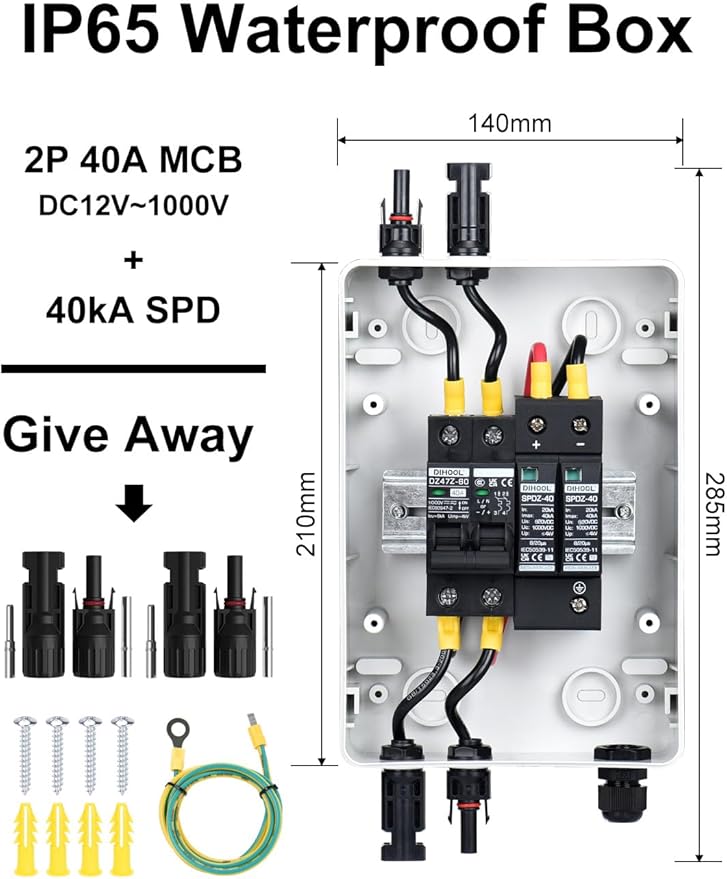 DIHOOL Solar Panel Disconnect Switch Box 40 Amp DC Circuit Breaker Box, 1000V PV Combiner Box for RV