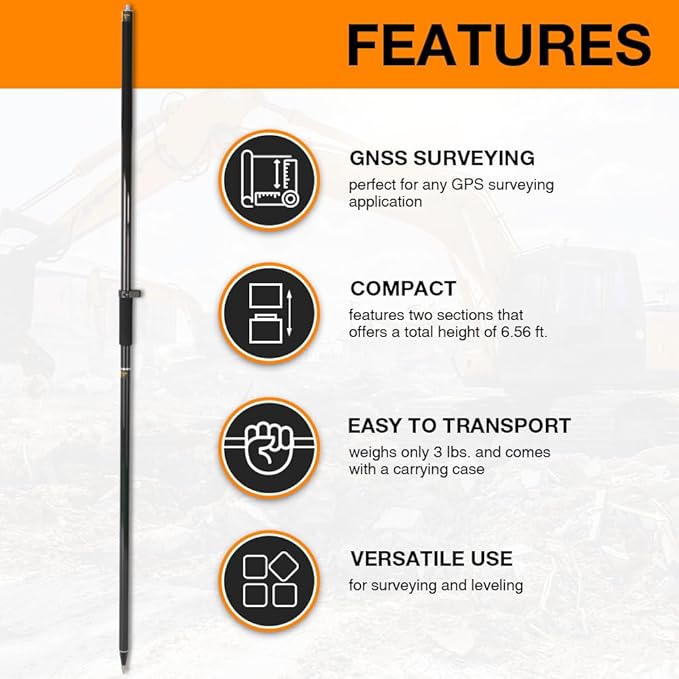 Carbon Fiber 2M 2Section Survey Rover Pole–GPS Rover Rod 6.5FT/2M 2Sections Design for Land Surveying & Engineering – RTK GPS/GNSS Accessory –Includes Level Vial & Carrying Bags (GLS22-B)