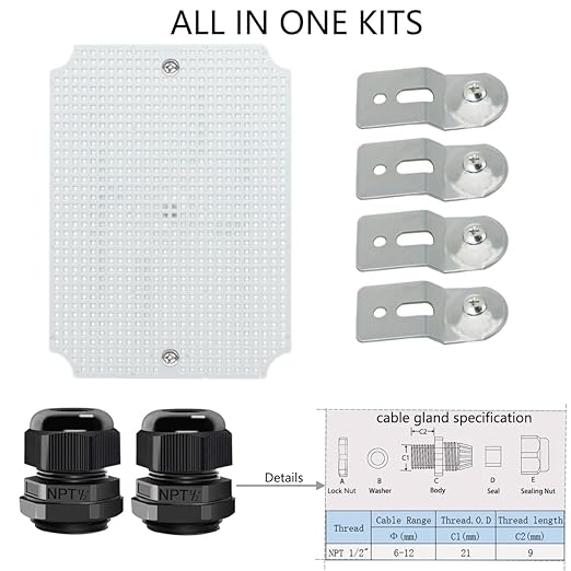 Junction Box, Hinged Cover Stainless Steel Latch IP67 Waterproof ABS Project Box with 2 Cable Glands, Electrical Box Enclosure with Mounting Plate & Wall Bracket 8.7 x 6.7 x 4.3inch
