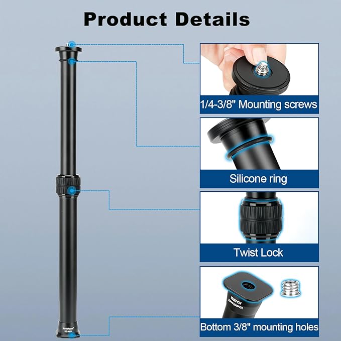 Koolehaoda Tripod Extension Pole, 2-Section Aluminum Center Column Extender Rod Telescopic Stick Monopod with Arca Port for Tripod/Ball Head/Gimbal/Camera, Max Load 33lb