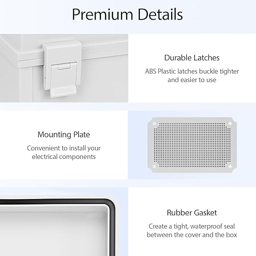 Junction Box IP65 Waterproof Dustproof ABS Plastic Enclosure, Outdoor and Indoor Project Box Hinged Cover with Mounting Plate Wall Brackets, Outer Dimension 11.8"x 7.9" x 6.3", Grey