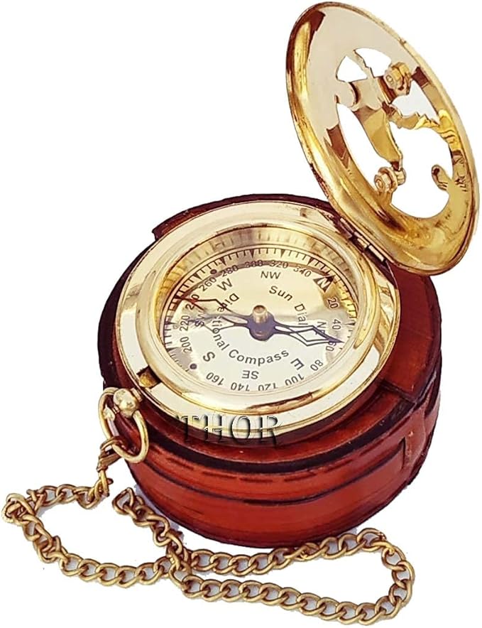 Beautiful Brass Sundial Compass with Brown Leather Case & Chain | Push Open Compass | Camping | Hiking Steampunk | Accessory Brass Finish | Sundial Clock Anniversary | Valentine’s Handmade Gift