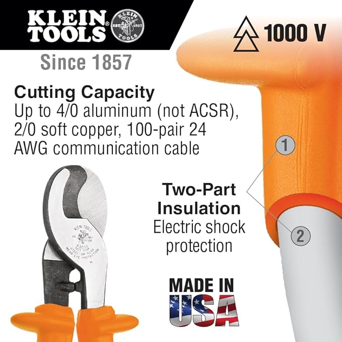 Klein Tools 63050-INS Cable Cutter, Made in USA, Insulated Cutter with One-Hand Shearing for Aluminum and Copper