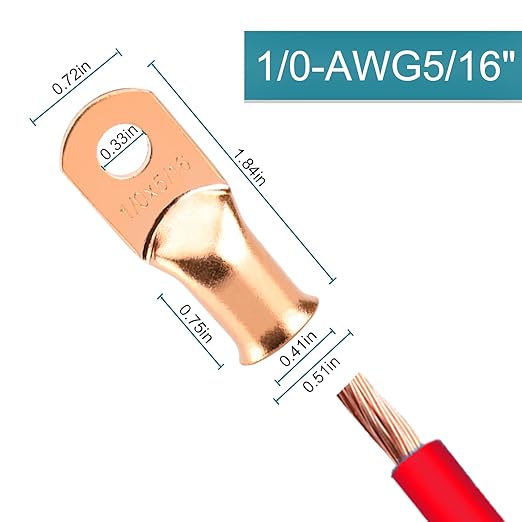 8 PCS Battery Terminal Connectors, Battery Cable Ends Lugs, 1/0 Gauge Wire Connectors, 1/0 AWG 5/16" Stud Ring Terminals, Copper Wire Lugs with Heat Shrink Tubing.
